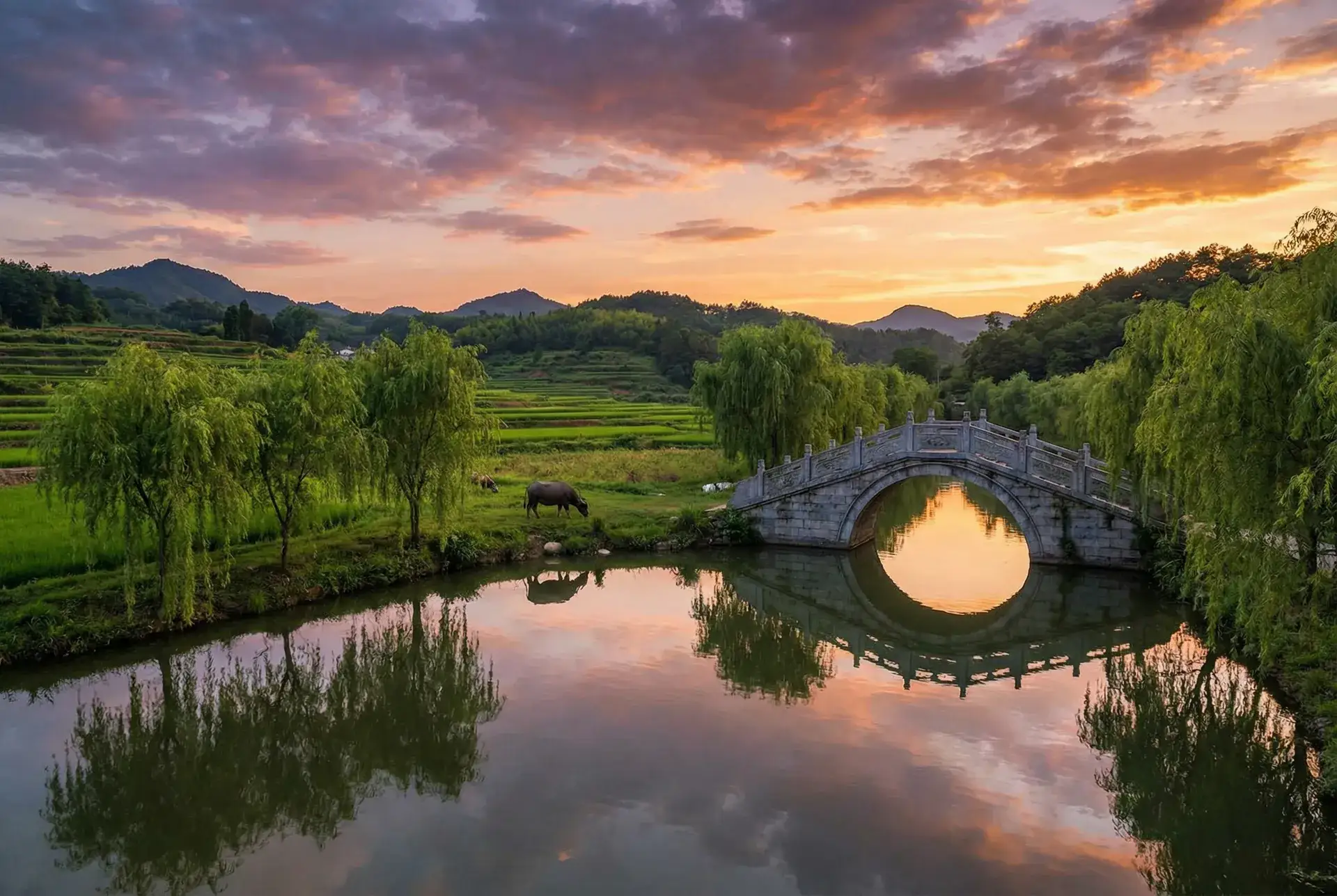 夕阳下的石拱桥与垂柳，水牛在河边吃草 - 莹的乳液计全文阅读 乡村美景